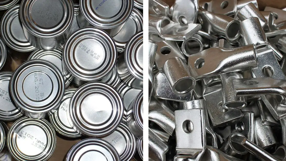 Latas de comida y piezas de sujeción que pasaron por un proceso de estañado.